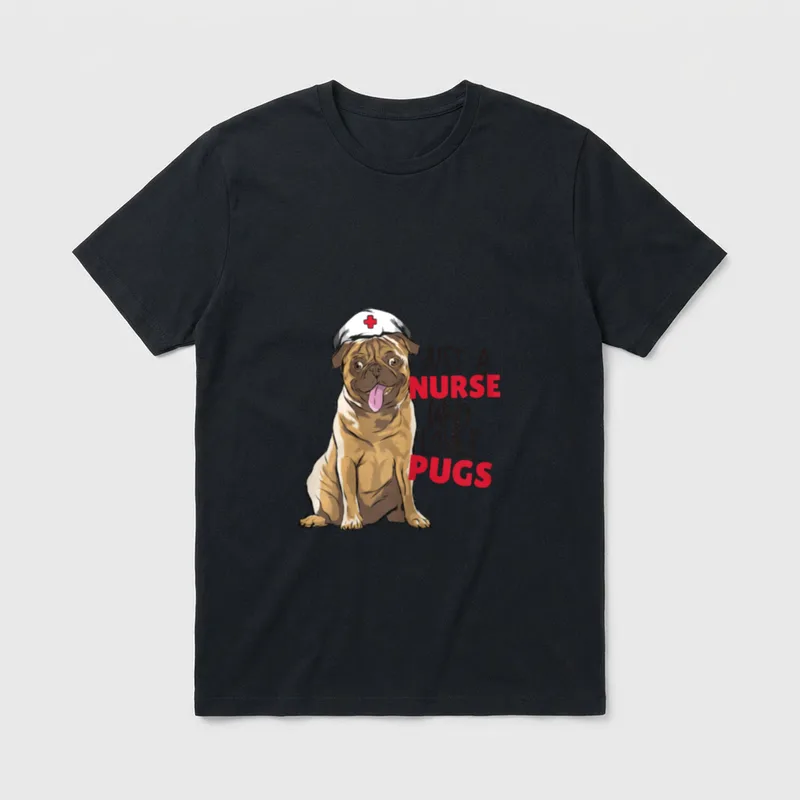 Pug Mom Nurse T-Shirt – Pug in a nurse cap with text JUST A NURSE WHO LOVES PUGS – Classic T-Shirt in Black