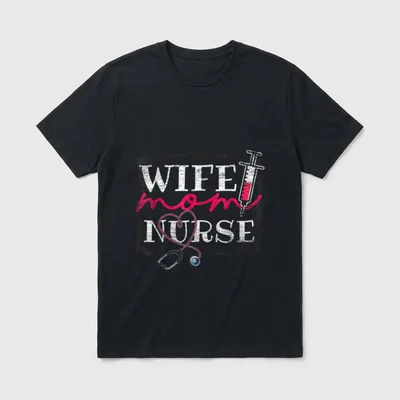 Wife Mom Nurse Favorite T-Shirt – WIFE mom NURSE text with a stethoscope and syringe – Classic T-Shirt in Black