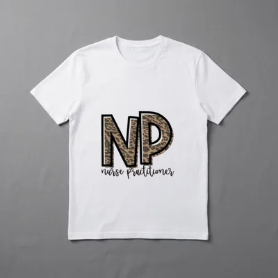NP Nurse Practitioner T-Shirt – Leopard print NP initials above script nurse practitioner text – Classic T-Shirt in Black