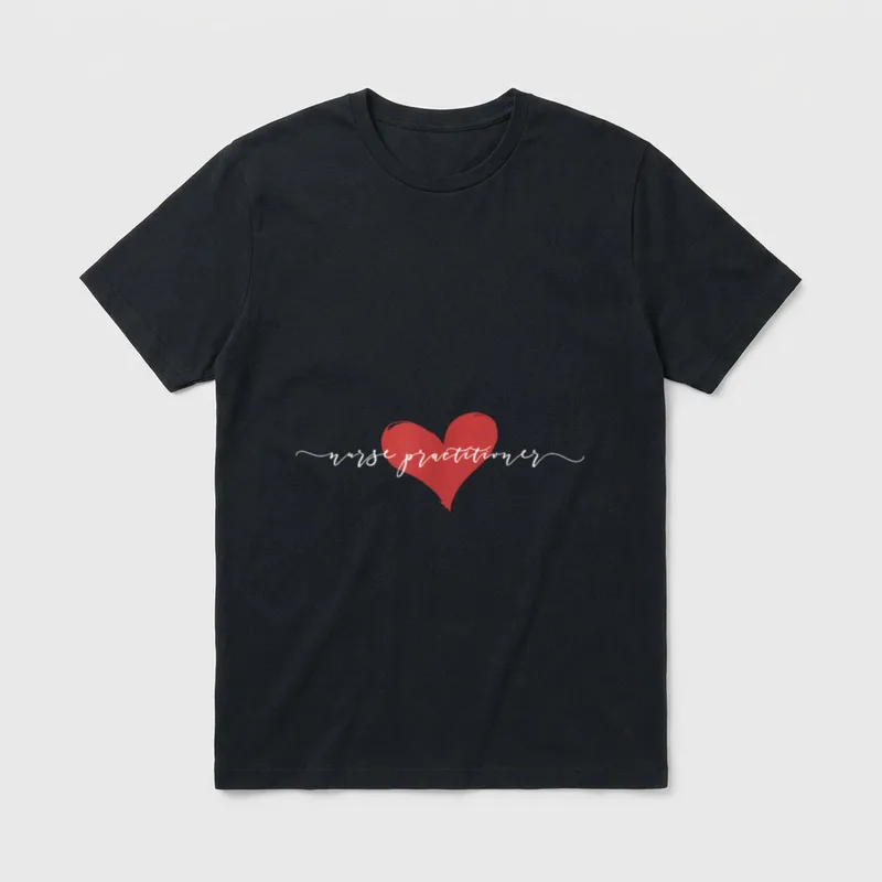 NP Nurse Practitioner Features T-Shirt – Red heart with cursive nurse practitioner lettering – Classic T-Shirt in Black