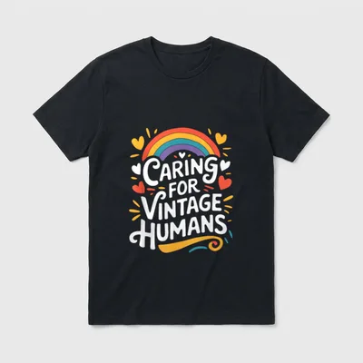 Geriatric Nurse Practitioner T-Shirt – Caring For Vintage Humans print under rainbow and hearts – Classic T-Shirt in Black