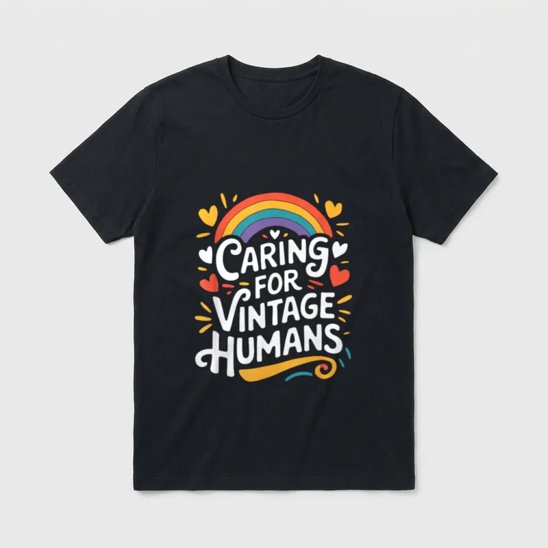 Geriatric Nurse Practitioner T-Shirt – Caring For Vintage Humans print under rainbow and hearts – Classic T-Shirt in Black
