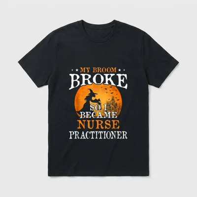 Broom Broke So I Became Nurse T-Shirt – Witch silhouette, full moon, and haunted mansion graphic – Classic T-Shirt in Black