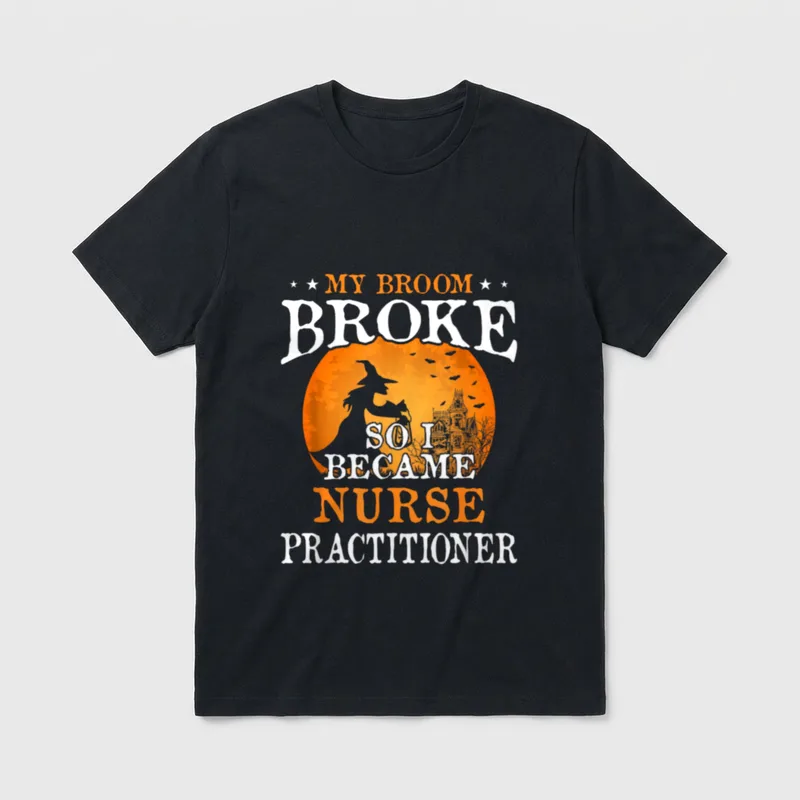 Broom Broke So I Became Nurse T-Shirt – Witch silhouette, full moon, and haunted mansion graphic – Classic T-Shirt in Black