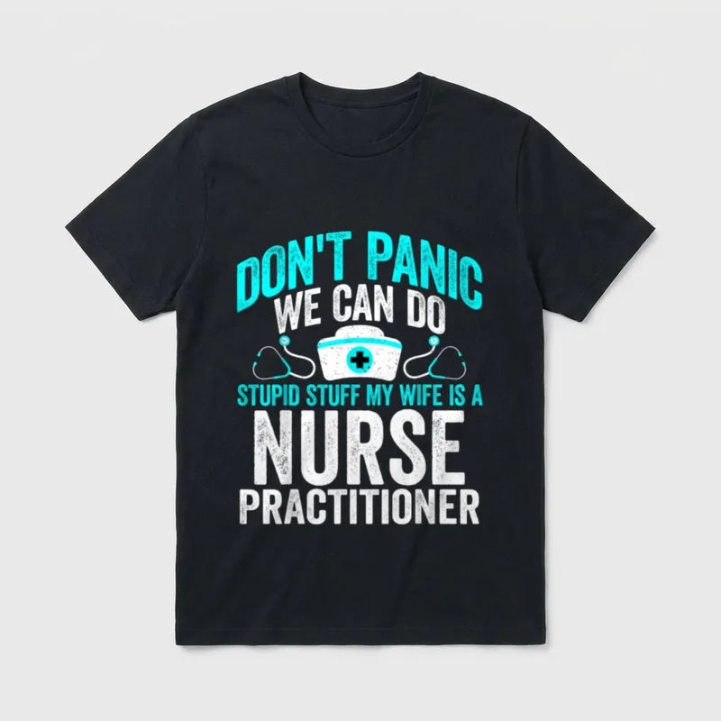 Stuff My Wife Is a Nurse T-Shirt – Cyan and white lettering with a nurse cap and stethoscopes – Classic T-Shirt in Black