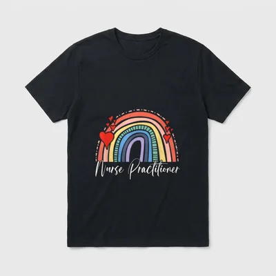 Nurse Practitioner Classic T-Shirt – Boho rainbow arch with hearts and Nurse Practitioner script – Classic T-Shirt in Black