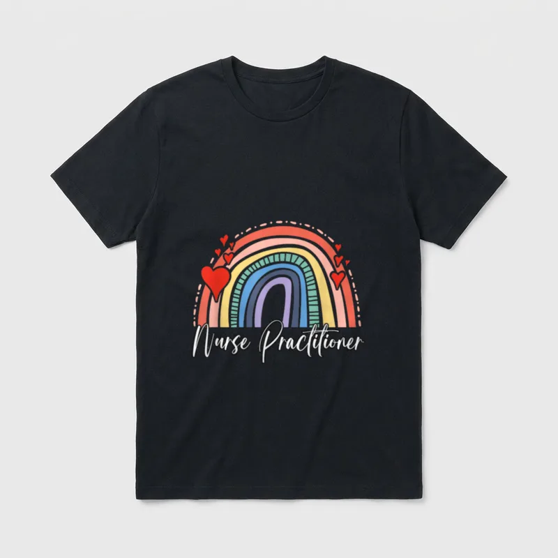 Nurse Practitioner Classic T-Shirt – Boho rainbow arch with hearts and Nurse Practitioner script – Classic T-Shirt in Black