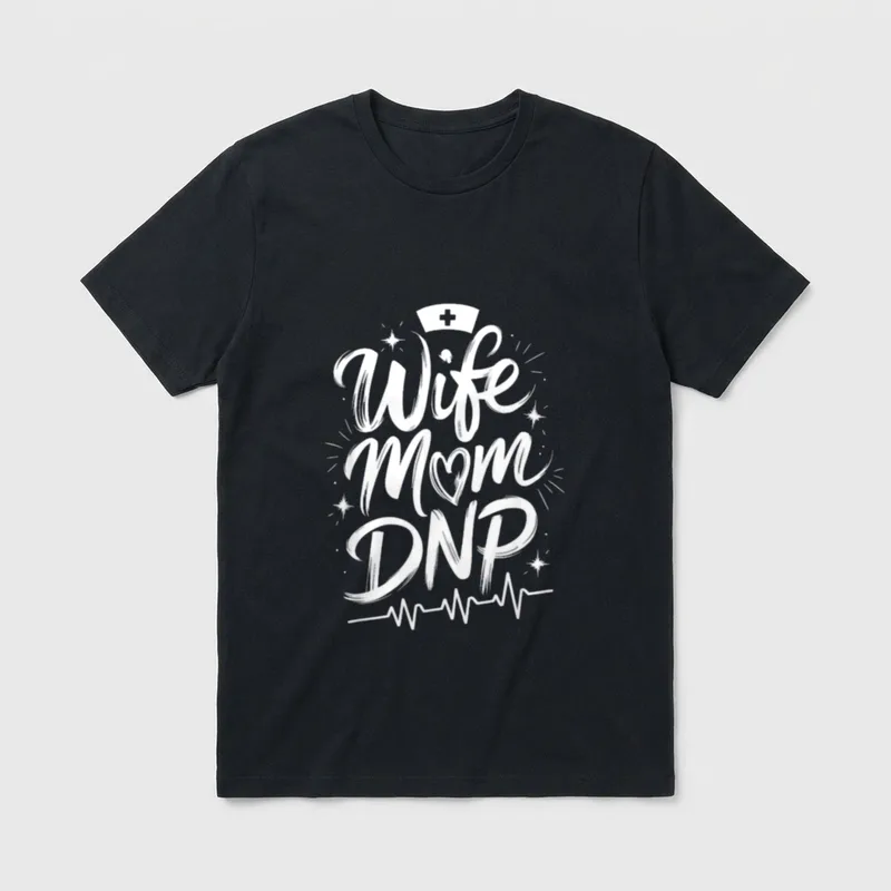 Director of Nursing Student Graduation T-Shirt – Printed “Wife Mom DNP” lettering with a nurse cap – Classic T-Shirt in Black