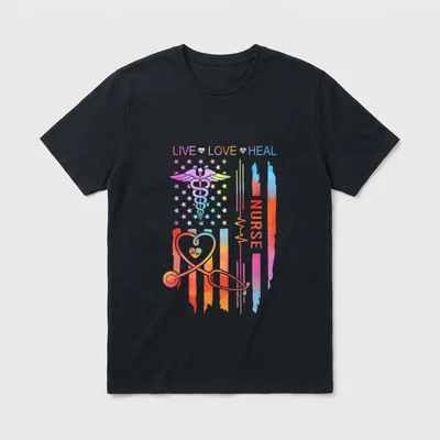 Nurse Week Appreciation T-Shirt – Printed words LIVE LOVE HEAL and NURSE across a flag graphic – Classic T-Shirt in Black