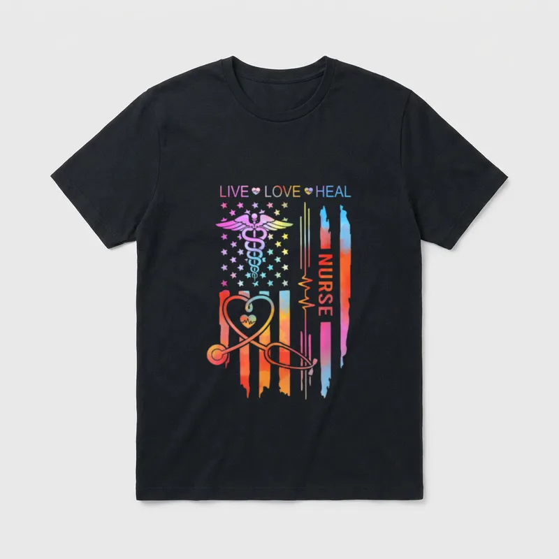 Nurse Week Appreciation T-Shirt – Printed words LIVE LOVE HEAL and NURSE across a flag graphic – Classic T-Shirt in Black
