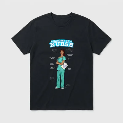 Cute Funny POC Nurse T-Shirt – Anatomy of a nurse diagram with witty anatomical callout labels – Classic T-Shirt in Black