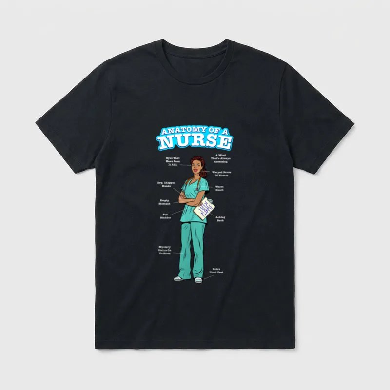 Cute Funny POC Nurse T-Shirt – Anatomy of a nurse diagram with witty anatomical callout labels – Classic T-Shirt in Black