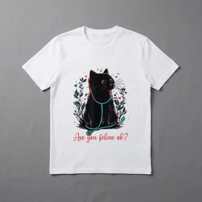 Retro Cat Nurse Nurse Week T-Shirt – Black cat wearing a stethoscope beside Are you feline ok text – Classic T-Shirt in Black
