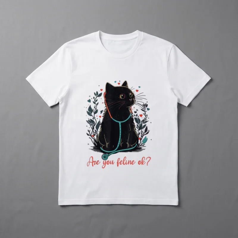 Retro Cat Nurse Nurse Week T-Shirt – Black cat wearing a stethoscope beside Are you feline ok text – Classic T-Shirt in Black