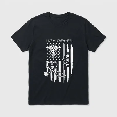 IZI POD Nurse Week T-Shirt – Caduceus, stethoscope, and “LIVE LOVE HEAL NURSE” flag artwork – Classic T-Shirt in Black