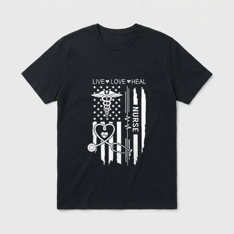IZI POD Nurse Week T-Shirt – Caduceus, stethoscope, and “LIVE LOVE HEAL NURSE” flag artwork – Classic T-Shirt in Black