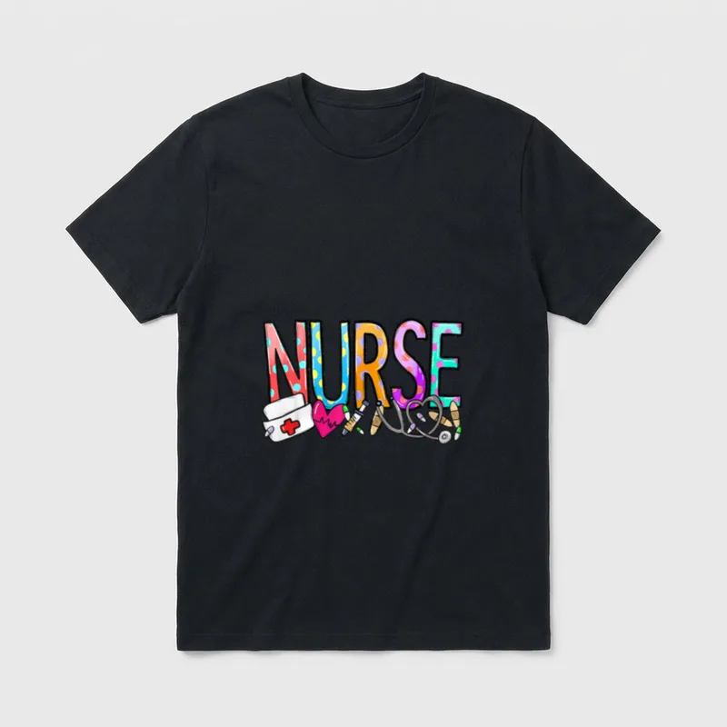 NURSE'S DAY Nurse Life WEEK 2025 T-Shirt – The word NURSE in colorful patterned letters – Classic T-Shirt in Black