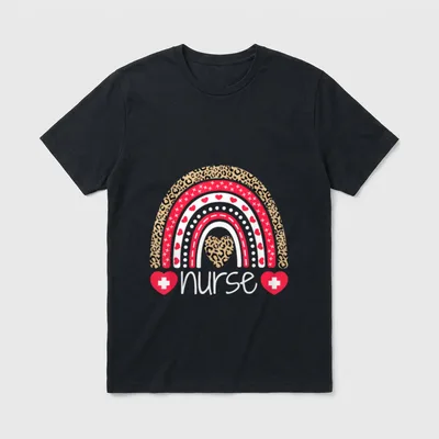 Nurses Week Cute Rainbow Nurse T-Shirt – Patterned rainbow with leopard spots and the word nurse – Classic T-Shirt in Black