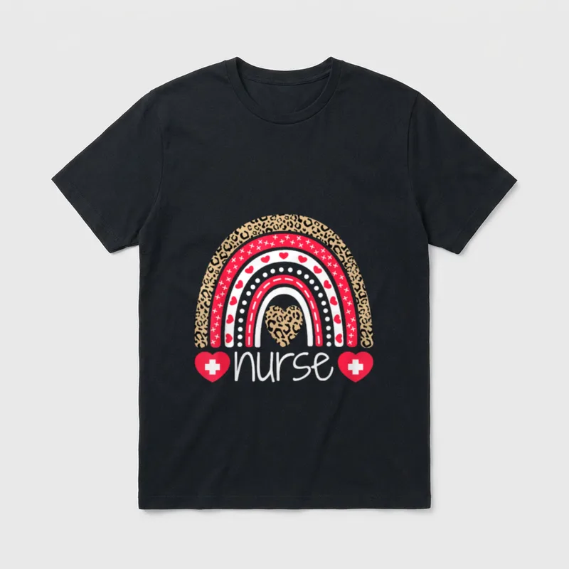 Nurses Week Cute Rainbow Nurse T-Shirt – Patterned rainbow with leopard spots and the word nurse – Classic T-Shirt in Black