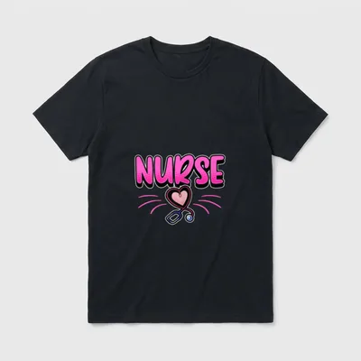 Nurse Happy Week 12th May Medicine T-Shirt – Pink NURSE typography with stethoscope heart artwork – Classic T-Shirt in Black