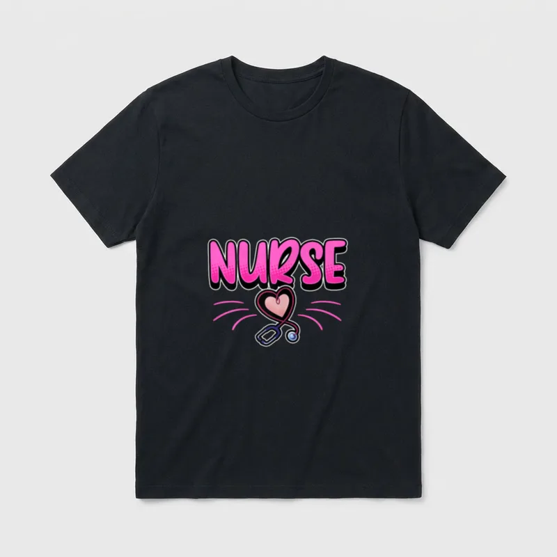 Nurse Happy Week 12th May Medicine T-Shirt – Pink NURSE typography with stethoscope heart artwork – Classic T-Shirt in Black