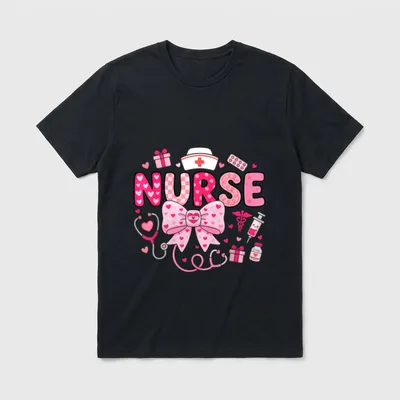 Nurse Heart Stethoscope T-Shirt – Patterned NURSE lettering with a pink bow and stethoscope – Classic T-Shirt in Black