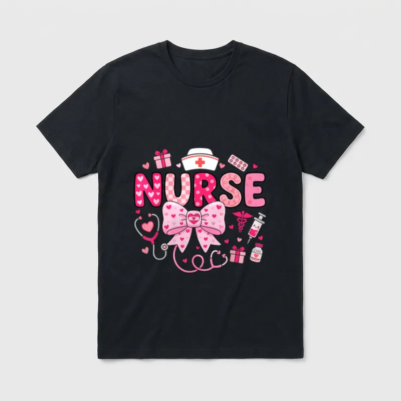 Nurse Heart Stethoscope T-Shirt – Patterned NURSE lettering with a pink bow and stethoscope – Classic T-Shirt in Black