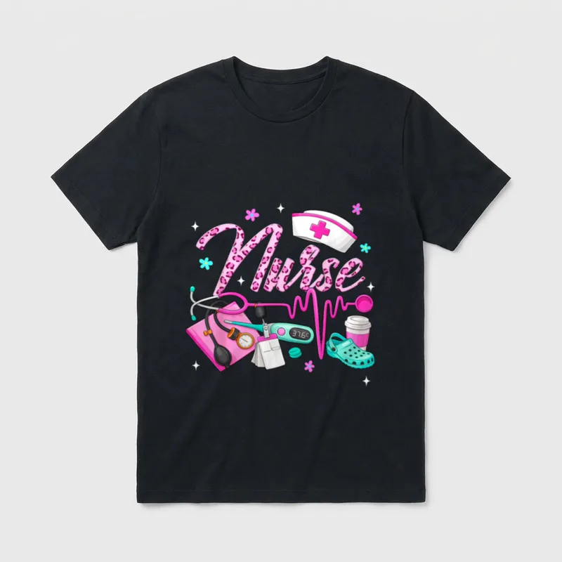 Leopard Nurse Life Nurse's Day T-Shirt – Pink leopard lettering spelling Nurse with nursing tools – Classic T-Shirt in Black