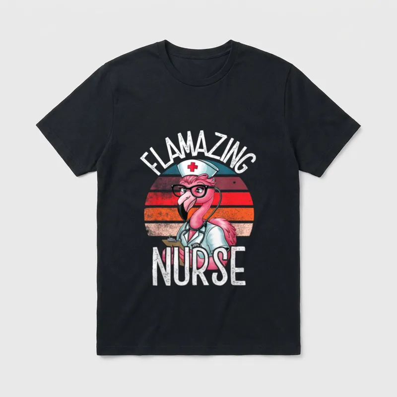 Nurse Looking T-Shirt – Flamingo nurse in uniform with FLAMAZING NURSE lettering – Classic T-Shirt in Black