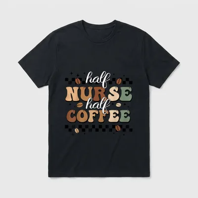 Half Nurse Coffee Week RN T-Shirt – “half NURSE half COFFEE” lettering with coffee beans – Classic T-Shirt in Black