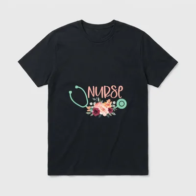 Cute Nurse Stethoscope with Flowers T-Shirt – Classic T-Shirt in Black