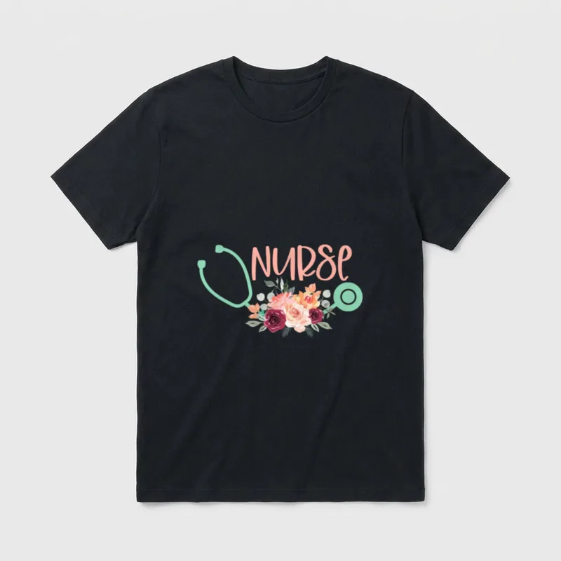 Cute Nurse Stethoscope with Flowers T-Shirt – Classic T-Shirt in Black