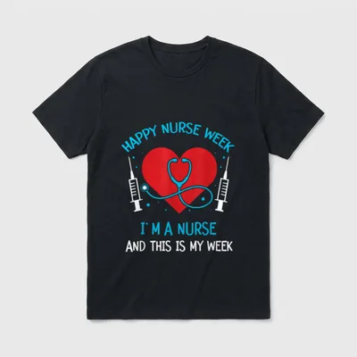 I Am a Nurse Student T-Shirt – Red heart, stethoscope, syringes, and nurse week text – Classic T-Shirt in Black