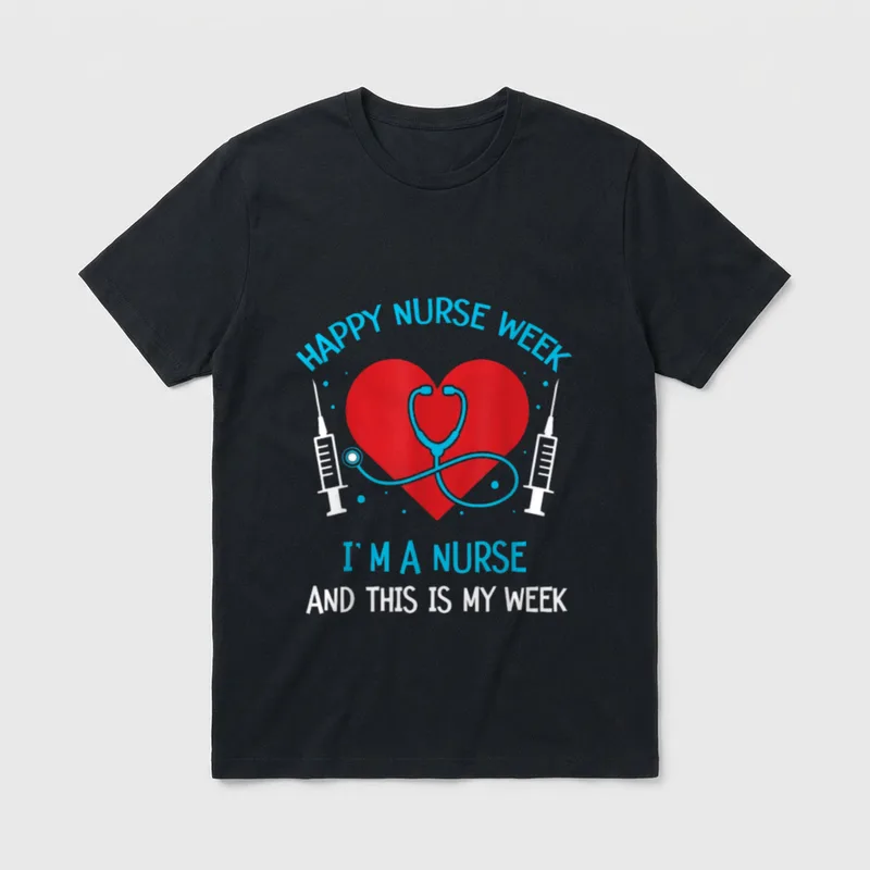I Am a Nurse Student T-Shirt – Red heart, stethoscope, syringes, and nurse week text – Classic T-Shirt in Black