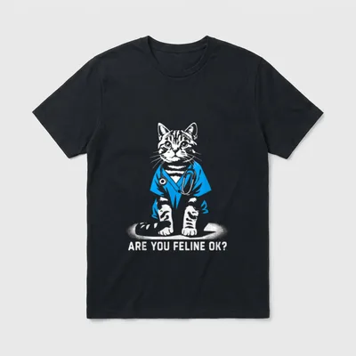 Retro Cat Nurse Nurse Week Ok T-Shirt – Tabby cat in blue scrubs with text ARE YOU FELINE OK? – Classic T-Shirt in Black