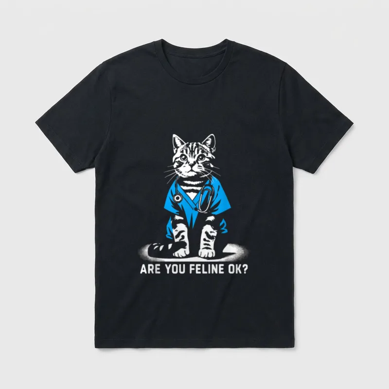 Retro Cat Nurse Nurse Week Ok T-Shirt – Tabby cat in blue scrubs with text ARE YOU FELINE OK? – Classic T-Shirt in Black