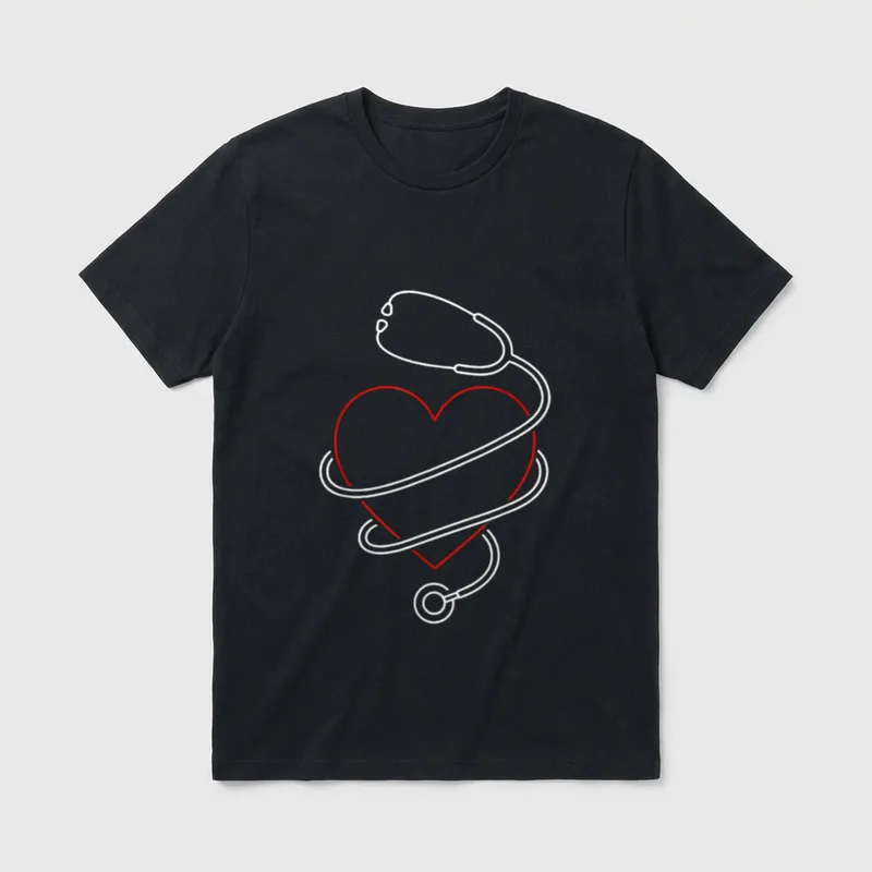 Nurse Week Appreciation Minimalist T-Shirt – A red heart outlined with a looping white stethoscope – Classic T-Shirt in Black