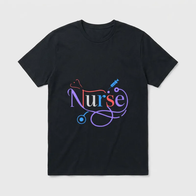 Nurse Life Happy Nurse’s Day T-Shirt – Nurse lettering with stethoscope and syringe graphic – Classic T-Shirt in Black