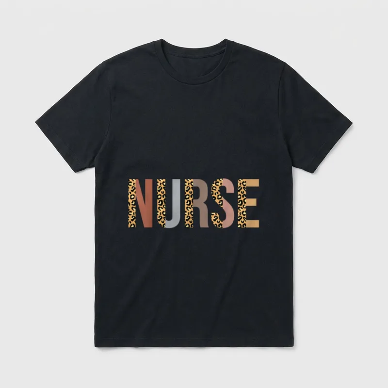 Leopard Nurse Appreciation T-Shirt – The word NURSE in split leopard pattern and muted colors – Classic T-Shirt in Black