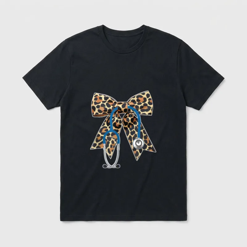 Leopard Coquette Nurse Stethoscope Bow Appreciation T-Shirt – Classic T-Shirt in Black