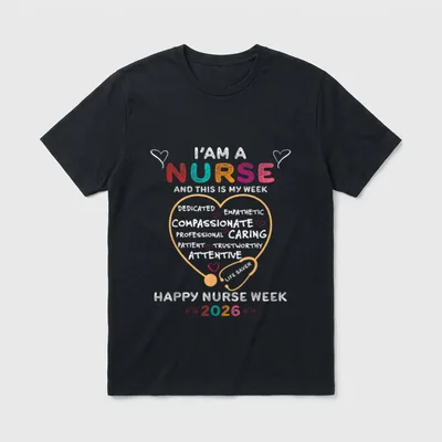 I'm a Nurse Double-needle T-Shirt – Heart stethoscope with nursing words and Happy Nurse Week 2026 – Classic T-Shirt in Black