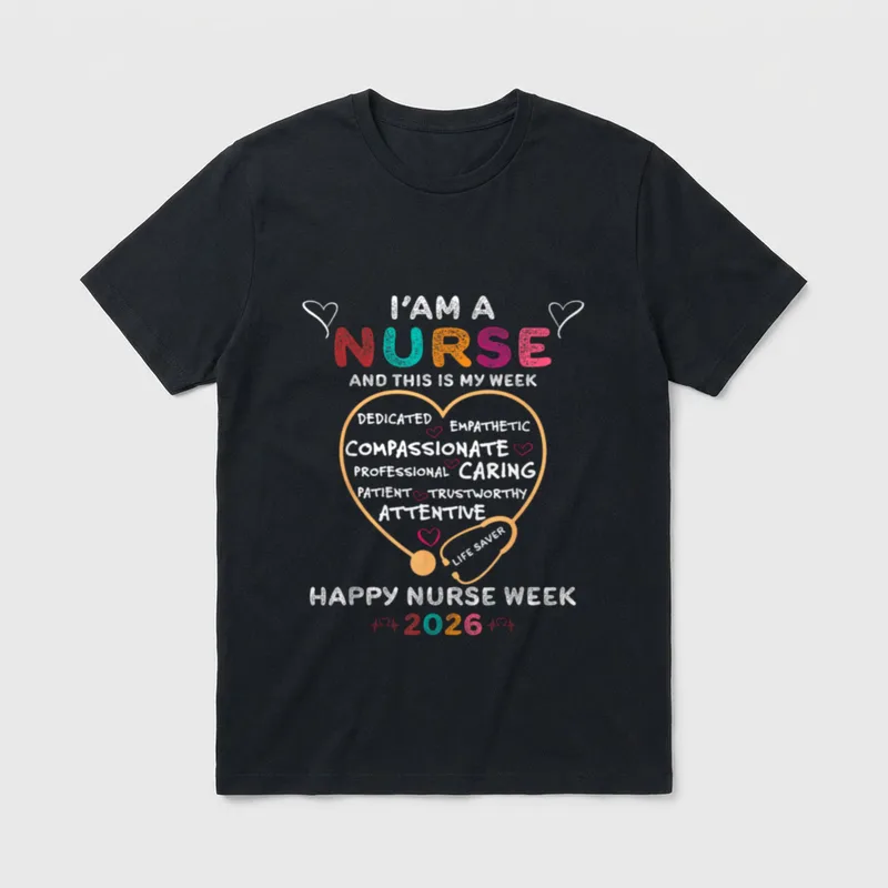 I'm a Nurse Double-needle T-Shirt – Heart stethoscope with nursing words and Happy Nurse Week 2026 – Classic T-Shirt in Black