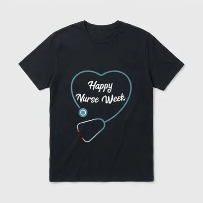Cute Happy Nurse Week T-Shirt – Teal stethoscope shaped like a heart with Happy Nurse Week script – Classic T-Shirt in Black