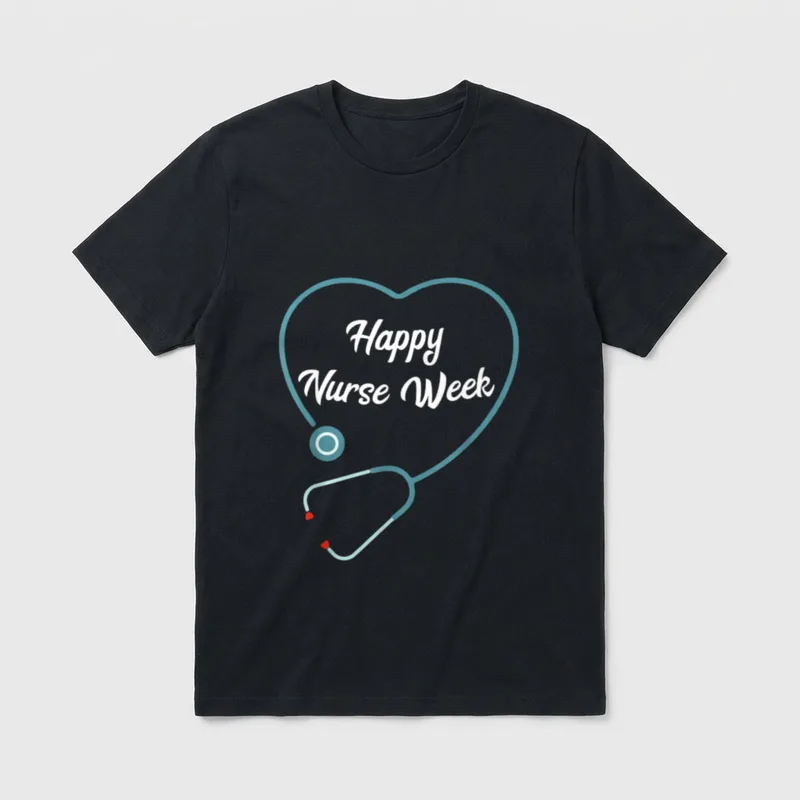 Cute Happy Nurse Week T-Shirt – Teal stethoscope shaped like a heart with Happy Nurse Week script – Classic T-Shirt in Black