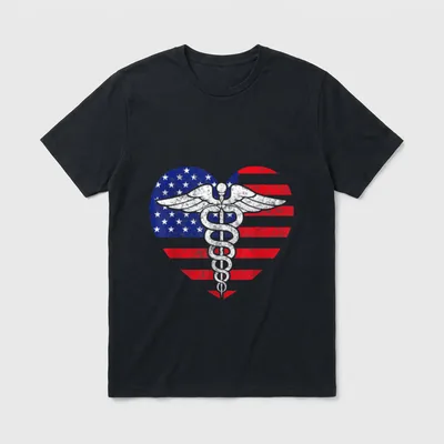 Greatest Nurse Nurse Appreciation I Patriotic T-Shirt – American flag heart with a winged caduceus – Classic T-Shirt in Black