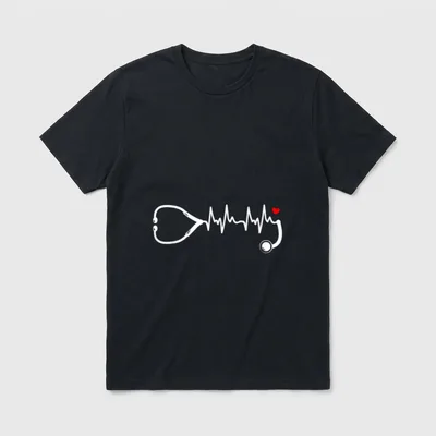 Nurse Heartbeat Clothing T-Shirt – White stethoscope with heartbeat rhythm line and red heart – Classic T-Shirt in Black