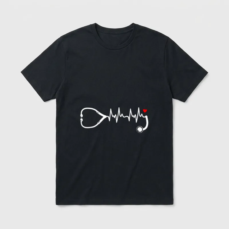 Nurse Heartbeat Clothing T-Shirt – White stethoscope with heartbeat rhythm line and red heart – Classic T-Shirt in Black
