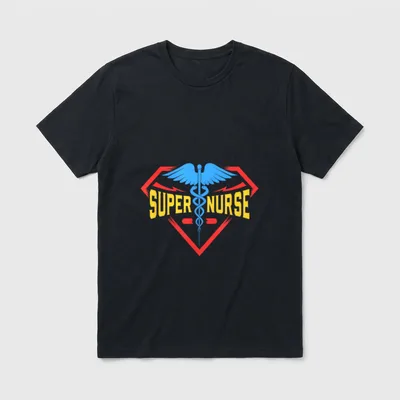 Super Nurse First T-Shirt – SUPER NURSE in bold yellow text with a blue winged caduceus – Classic T-Shirt in Black