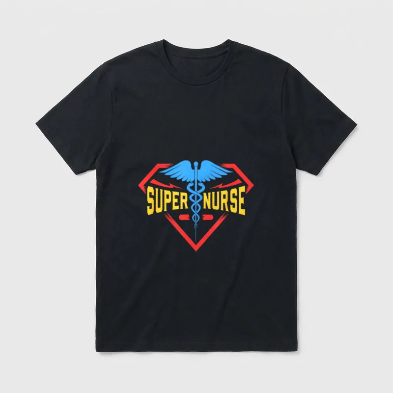 Super Nurse First T-Shirt – SUPER NURSE in bold yellow text with a blue winged caduceus – Classic T-Shirt in Black