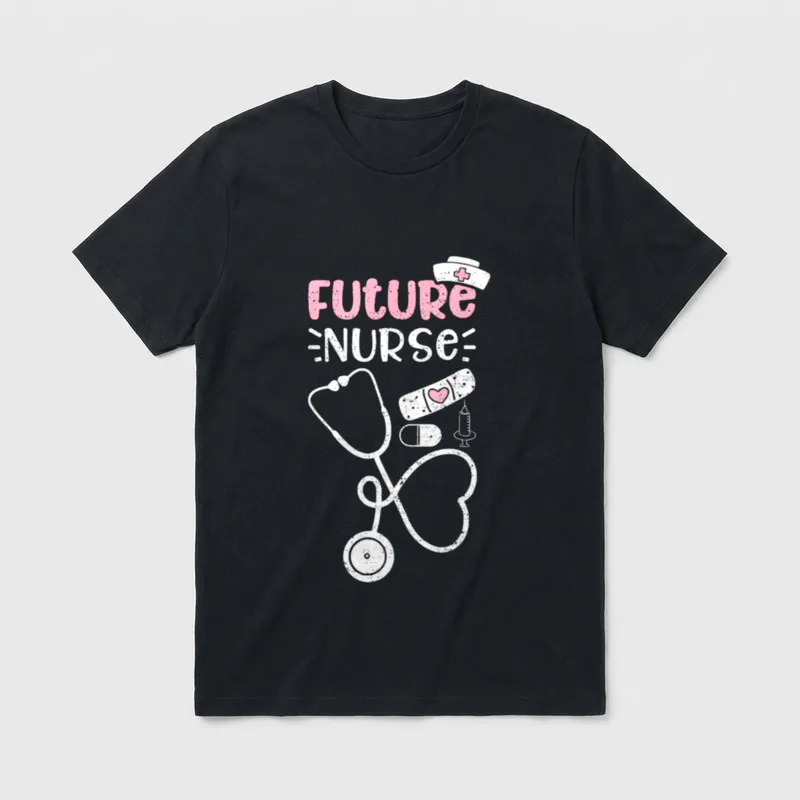 Future Nurse Life T-Shirt – FUTURE NURSE print with stethoscope heart, bandage, and syringe – Classic T-Shirt in Black